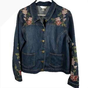Christopher & Banks Denim Jean Jacket Floral Embroidery Boho Floral Cottagecore
